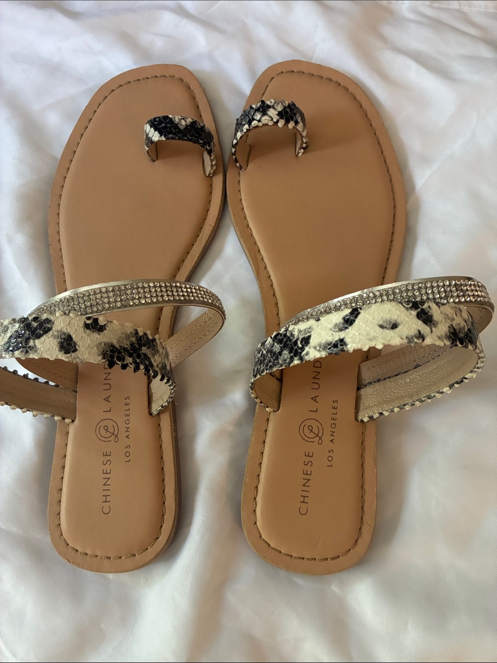 Chinese Laundry Tan Footbed Snake-Print Rhinestone Toe-Loop Sandals